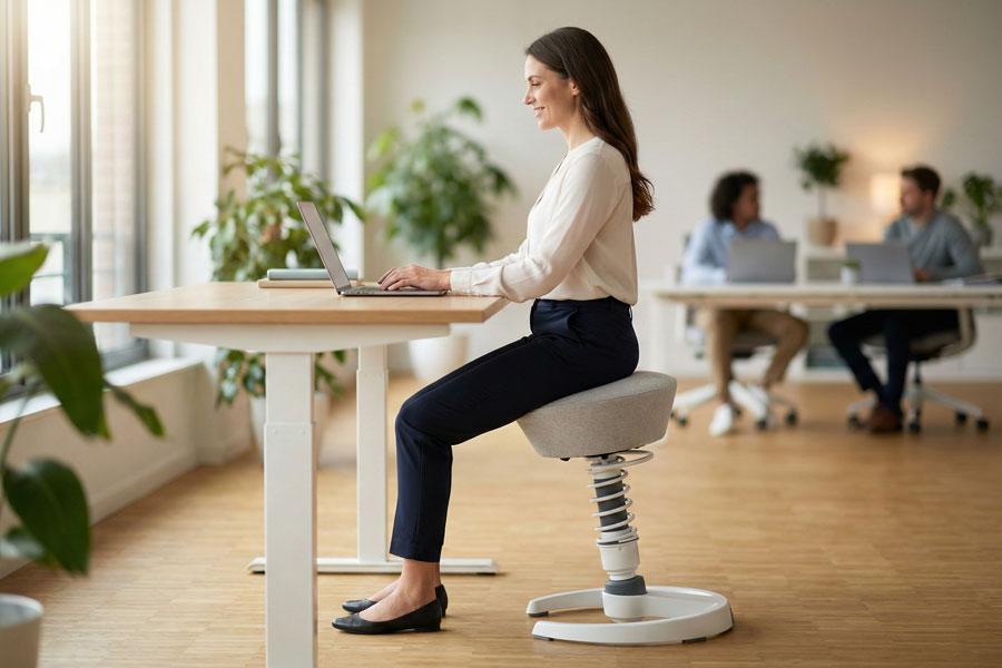 Konzentriertes Arbeiten am Schreibtisch mit gerader Haltung auf dem Swopper.