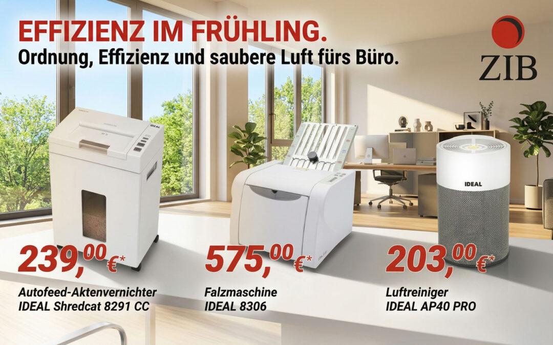 Büro-Angebote Frühling 2026: Aktenvernichter, Falzmaschine und Luftreiniger bei ZIB Service Berlin Brandenburg.