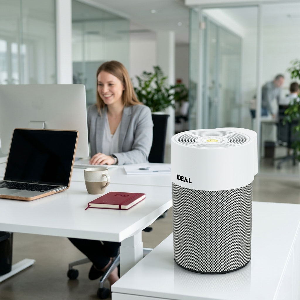 Hyperrealistisches Foto eines IDEAL AP40 Luftreinigers auf einem Schreibtisch in einem modernen Großraumbüro, mit ZIB-gebrandetem Buchkalender.